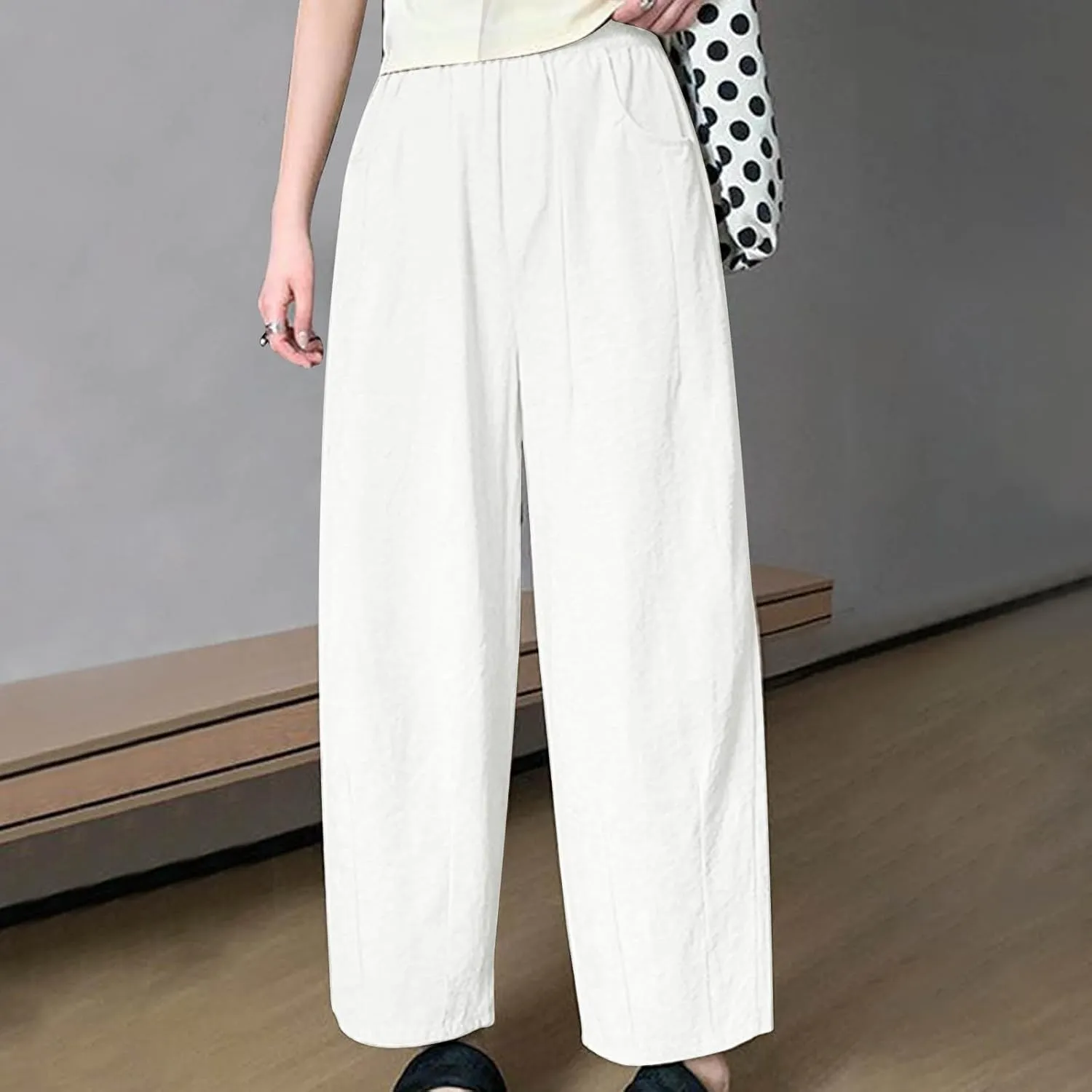 Cotton Wide Leg Flowy Pants Slacks for Women High Waist Pockets Casual Loose Trousers Summer Flowy Pants Slacks Daily