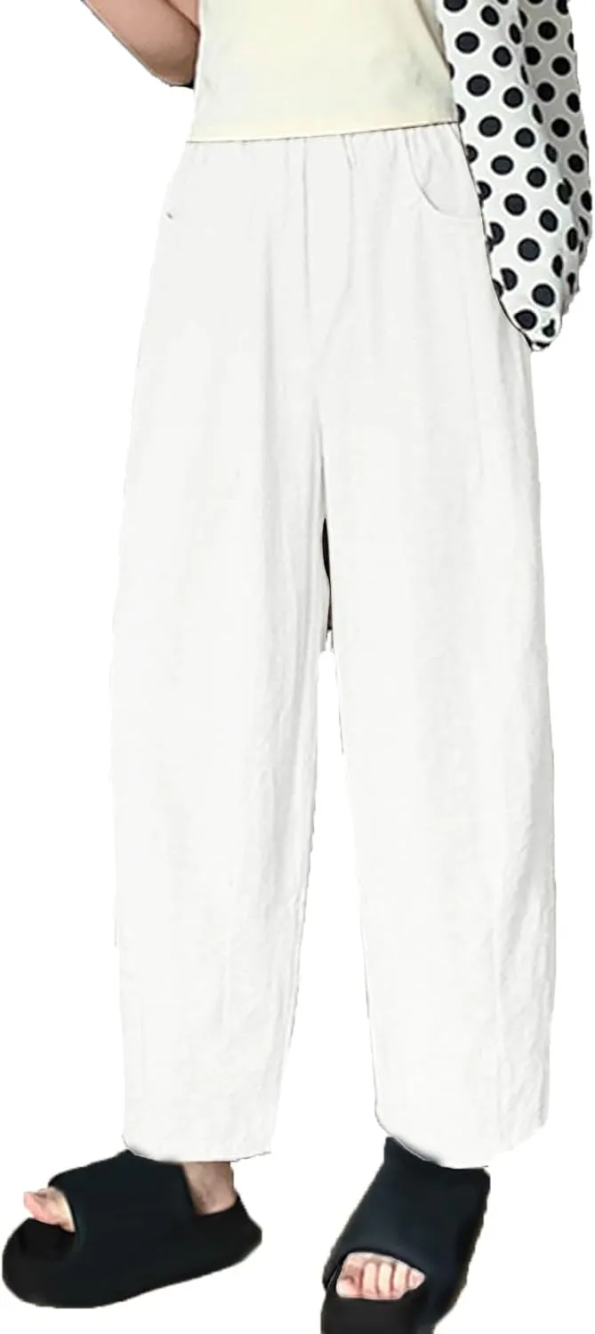 Cotton Wide Leg Flowy Pants Slacks for Women High Waist Pockets Casual Loose Trousers Summer Flowy Pants Slacks Daily