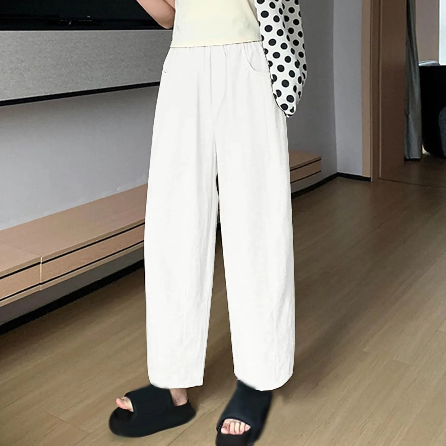 Cotton Wide Leg Flowy Pants Slacks for Women High Waist Pockets Casual Loose Trousers Summer Flowy Pants Slacks Daily