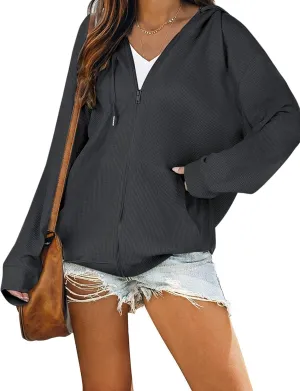 Cowasto Women's Waffle Zip Up Hoodie Casual Jacket Drawstring Long Sleeve Knit Hooded