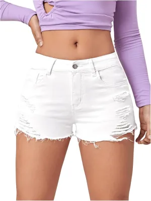 COZYEASE Women's Ripped Raw Trim Denim Shorts Plain Zipper Fly Straight Leg Jean Shorts
