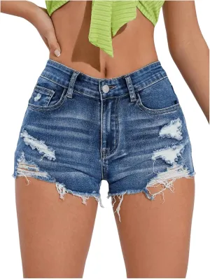 COZYEASE Women's Ripped Raw Trim Denim Shorts Plain Zipper Fly Straight Leg Jean Shorts