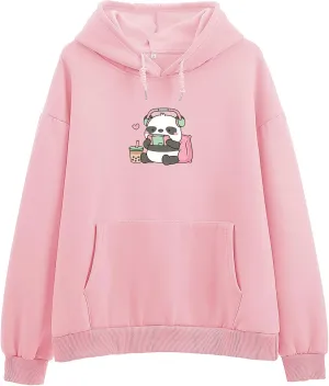 Cute Panda Graphic Oversized Hoodies for Teen Girls Kawaii Cartoon Sweatshirt Women Casual Cotton Fleece Pullover