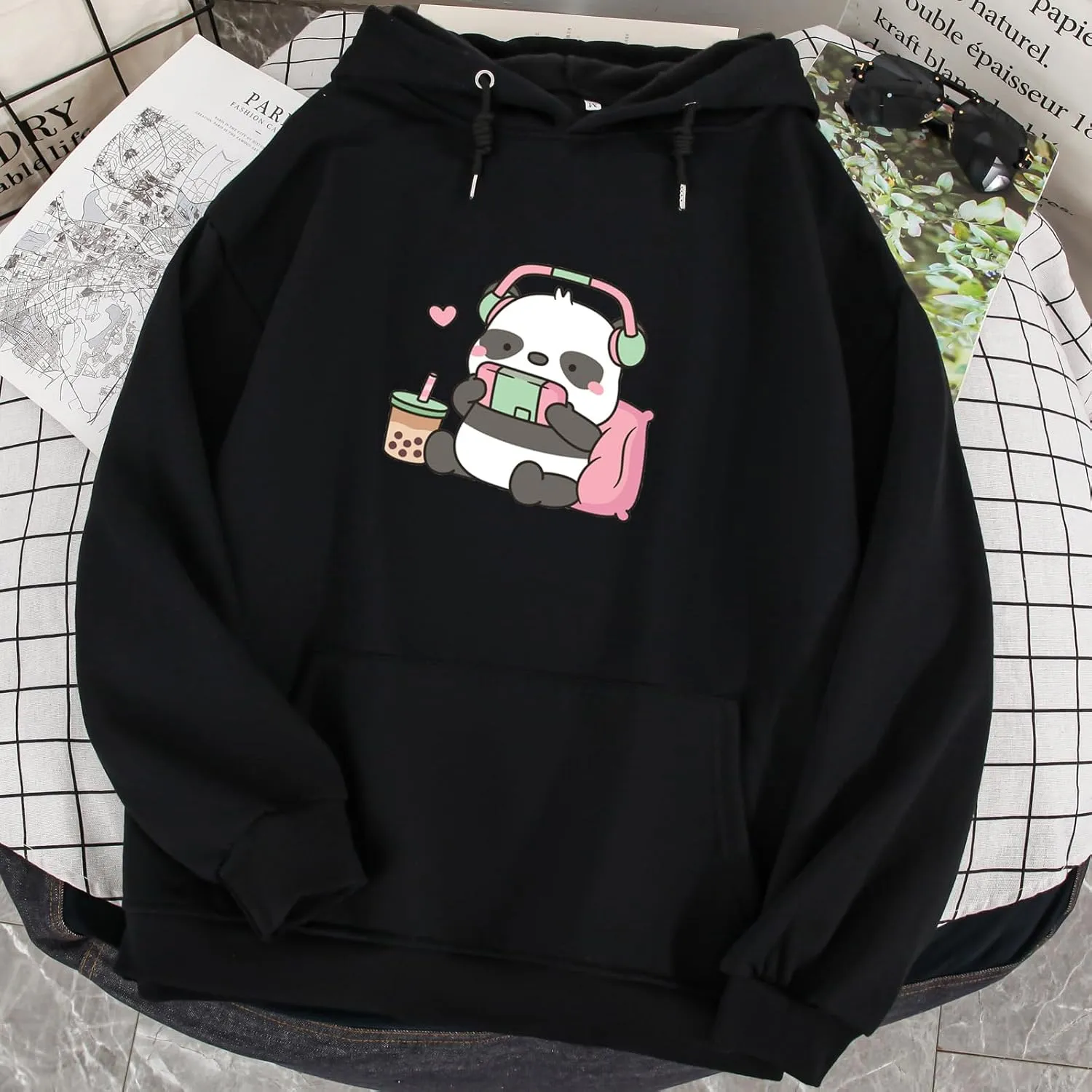 Cute Panda Graphic Oversized Hoodies for Teen Girls Kawaii Cartoon Sweatshirt Women Casual Cotton Fleece Pullover
