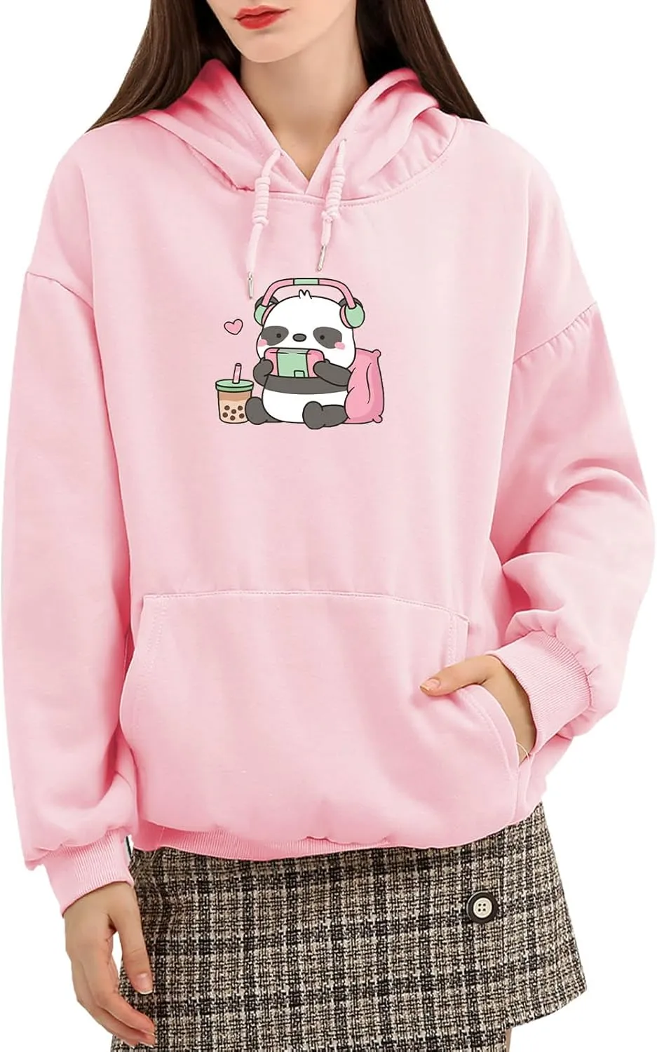 Cute Panda Graphic Oversized Hoodies for Teen Girls Kawaii Cartoon Sweatshirt Women Casual Cotton Fleece Pullover