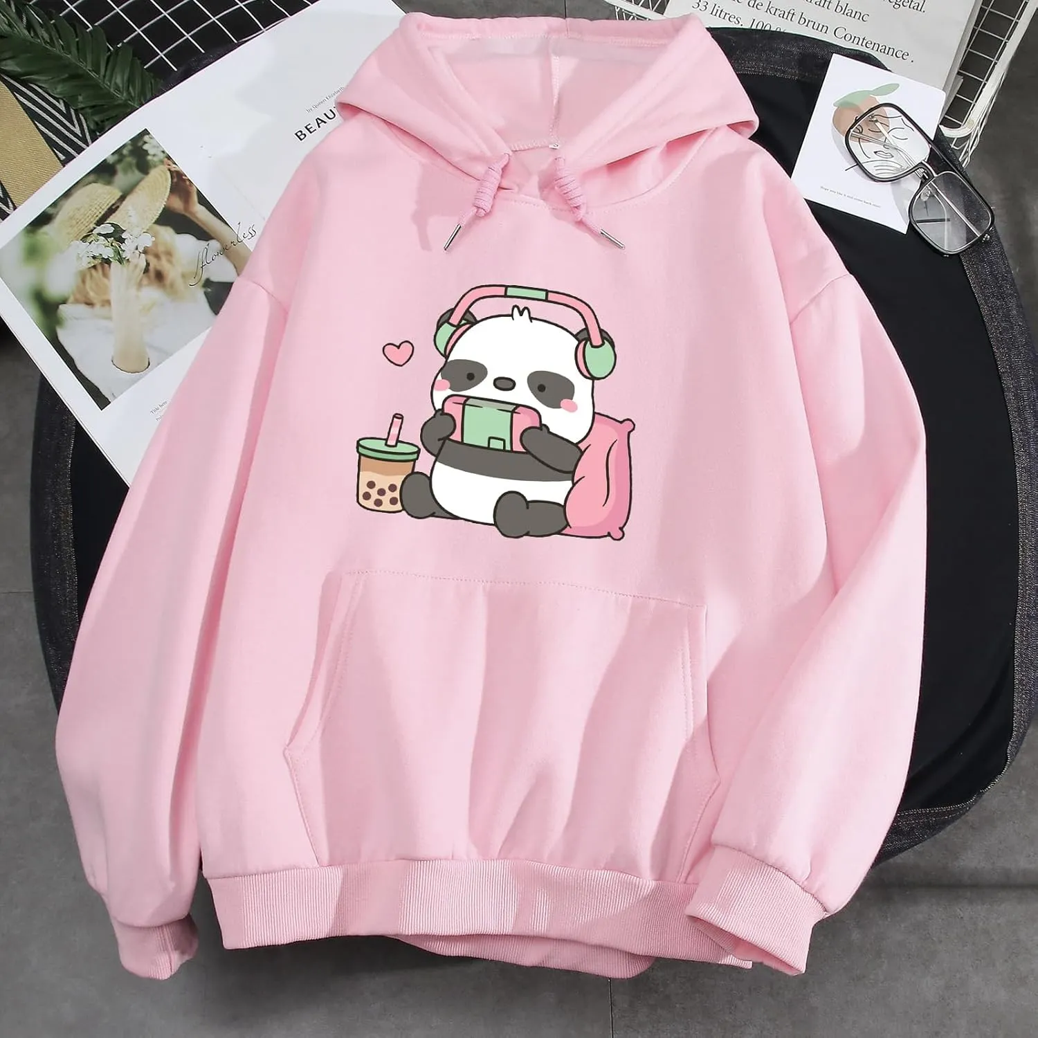 Cute Panda Graphic Oversized Hoodies for Teen Girls Kawaii Cartoon Sweatshirt Women Casual Cotton Fleece Pullover