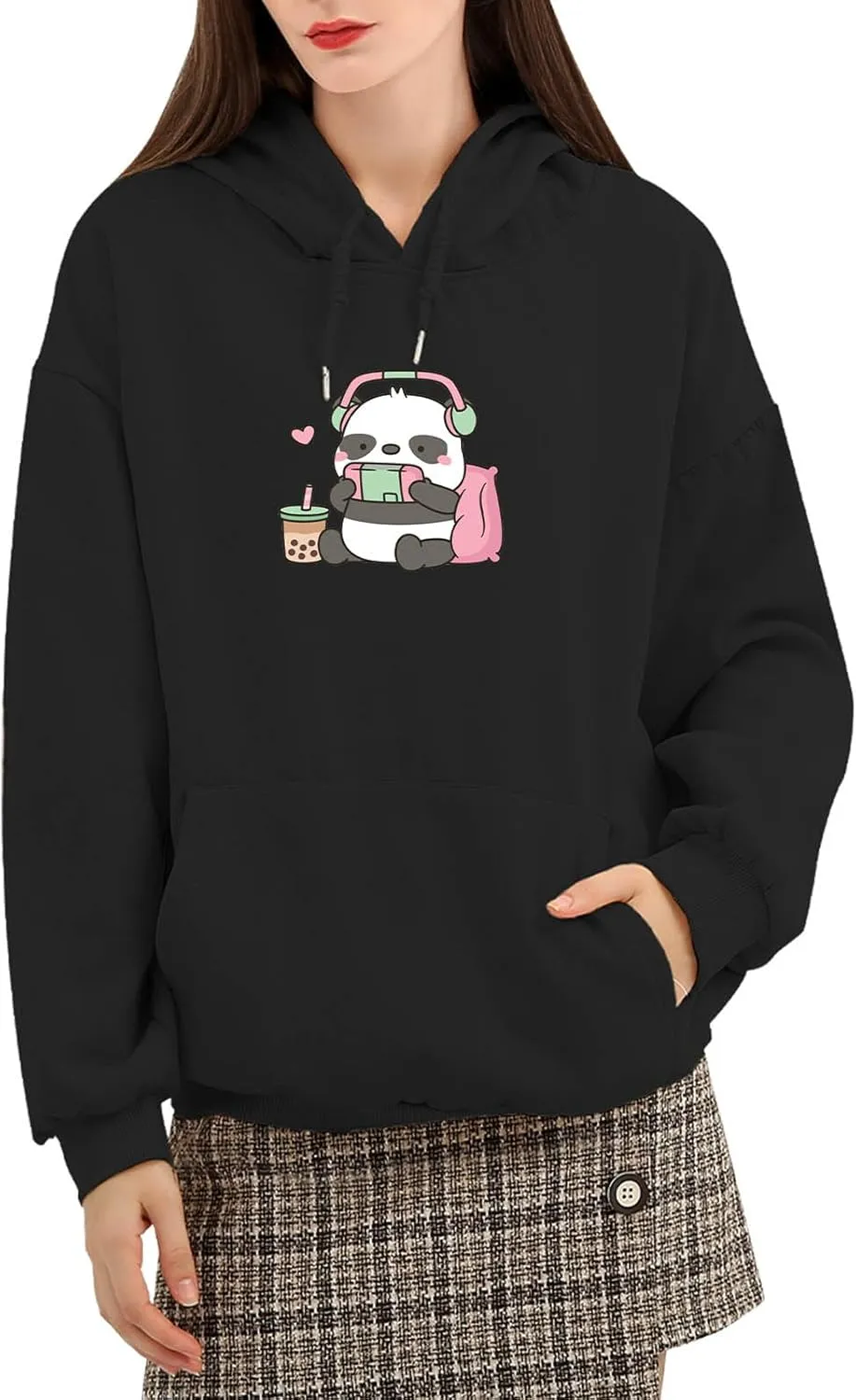 Cute Panda Graphic Oversized Hoodies for Teen Girls Kawaii Cartoon Sweatshirt Women Casual Cotton Fleece Pullover