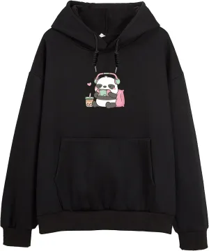 Cute Panda Graphic Oversized Hoodies for Teen Girls Kawaii Cartoon Sweatshirt Women Casual Cotton Fleece Pullover