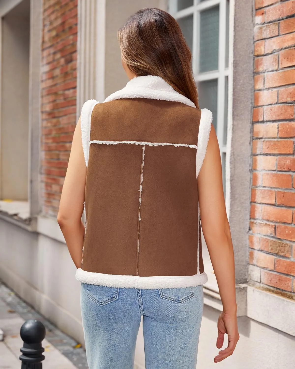 DIASHINY Womens Fur Suede Vest Winter Warm Sherpa Leather Fur Lined Vest