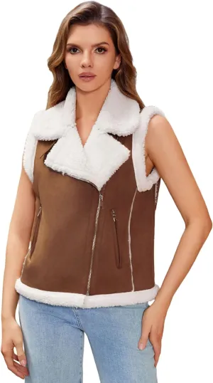 DIASHINY Womens Fur Suede Vest Winter Warm Sherpa Leather Fur Lined Vest