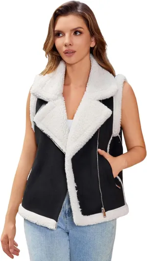 DIASHINY Womens Fur Suede Vest Winter Warm Sherpa Leather Fur Lined Vest