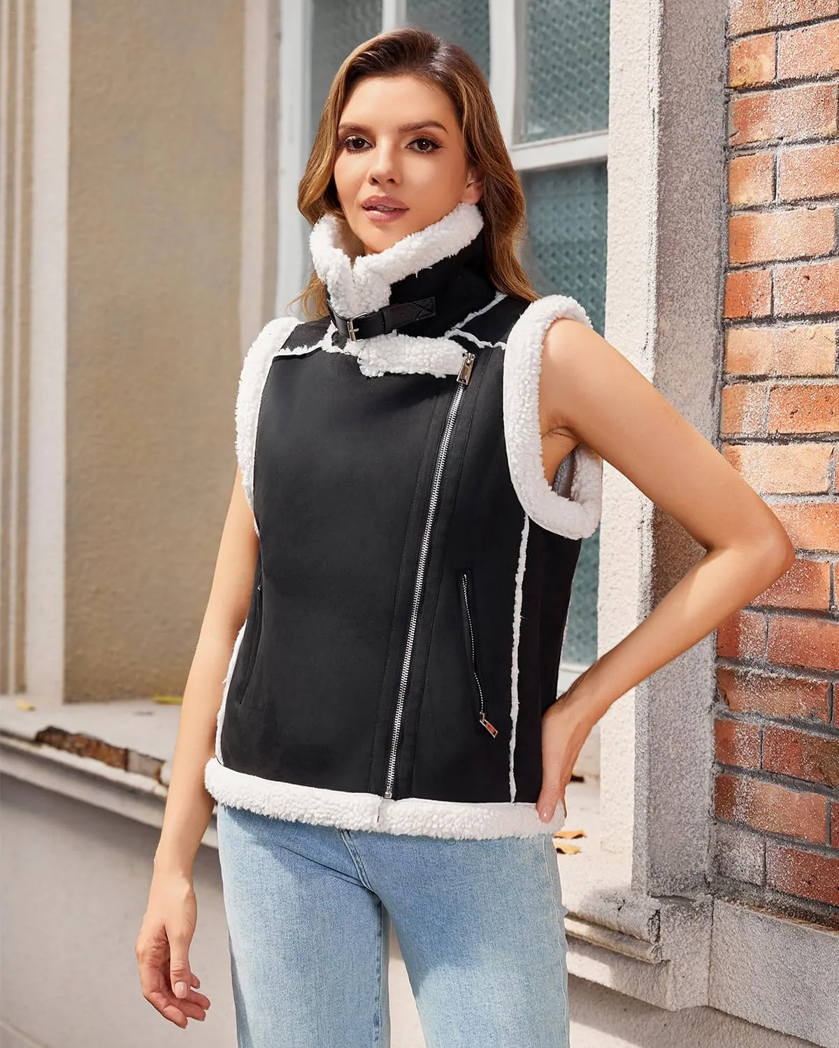 DIASHINY Womens Fur Suede Vest Winter Warm Sherpa Leather Fur Lined Vest