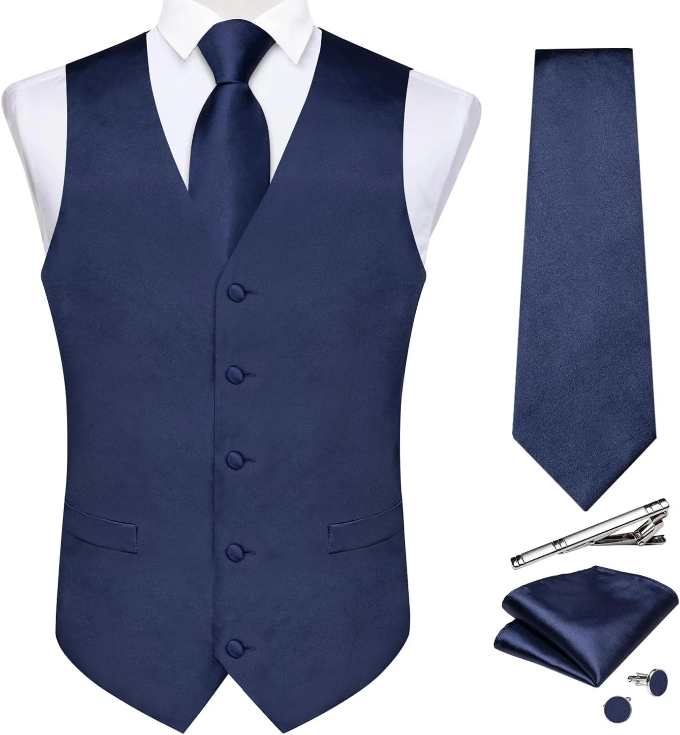 DiBanGu Men's Satin Suit Vest & Tie Set 5PCS Solid Color Dress Waistcoat for Suit or Tuxedo Wedding Party