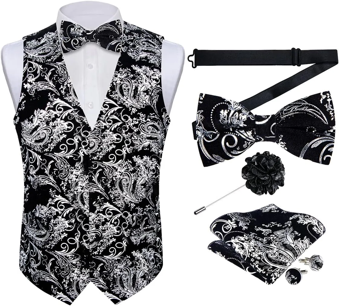 DiBanGu Mens Velvet Dress Waistcoat 6PCS Metallic Paisley Printed Suit Vest and Bowtie Set with Lapel Pin for Suit or Tuxedo