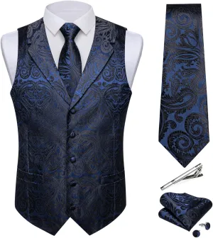 DiBanGu Men's Vest and Tie Set Silk Paisley Suit Vest and Necktie Pocket Square Cufflinks with Tie Clip for Wedding Party
