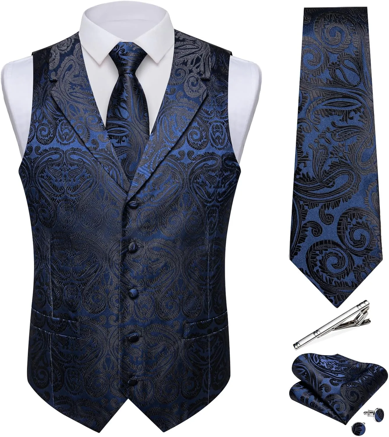 DiBanGu Men's Vest and Tie Set Silk Paisley Suit Vest and Necktie Pocket Square Cufflinks with Tie Clip for Wedding Party