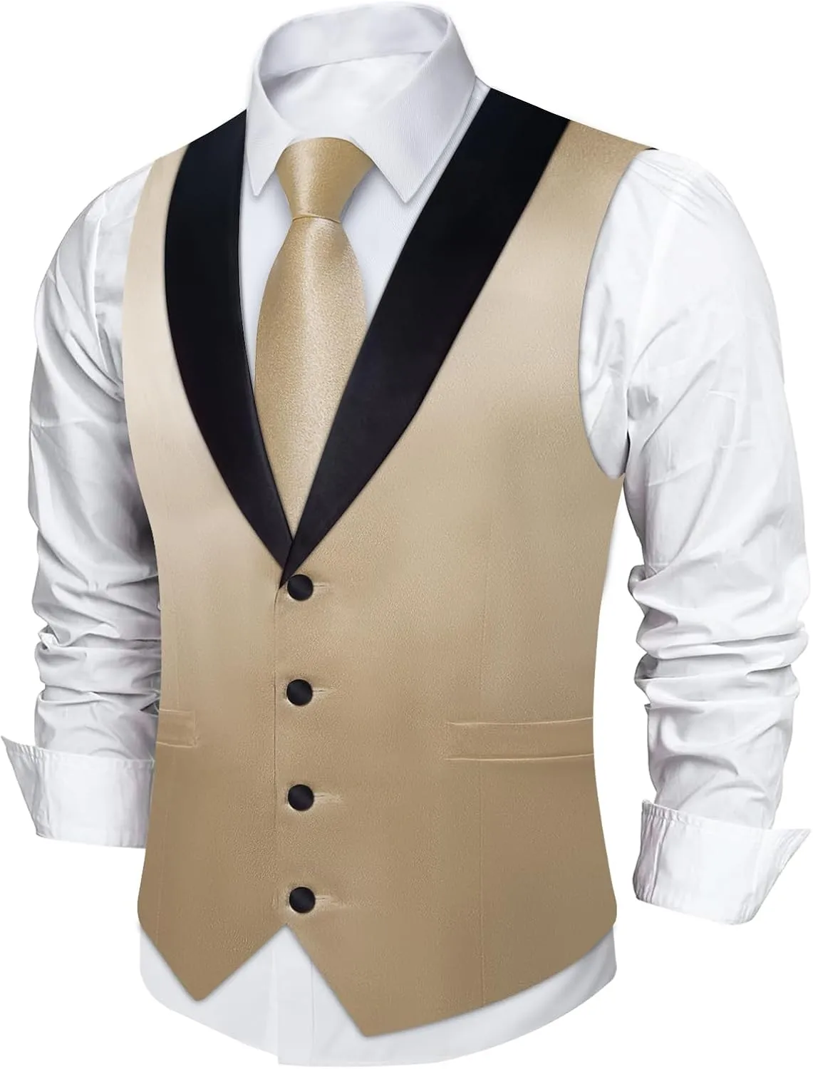 DiBanGu Mens Vest Formal Solid Color Waistcoat and Tie Pocket Square Set Satin Shawl Lapel Dress Vest Wedding Business