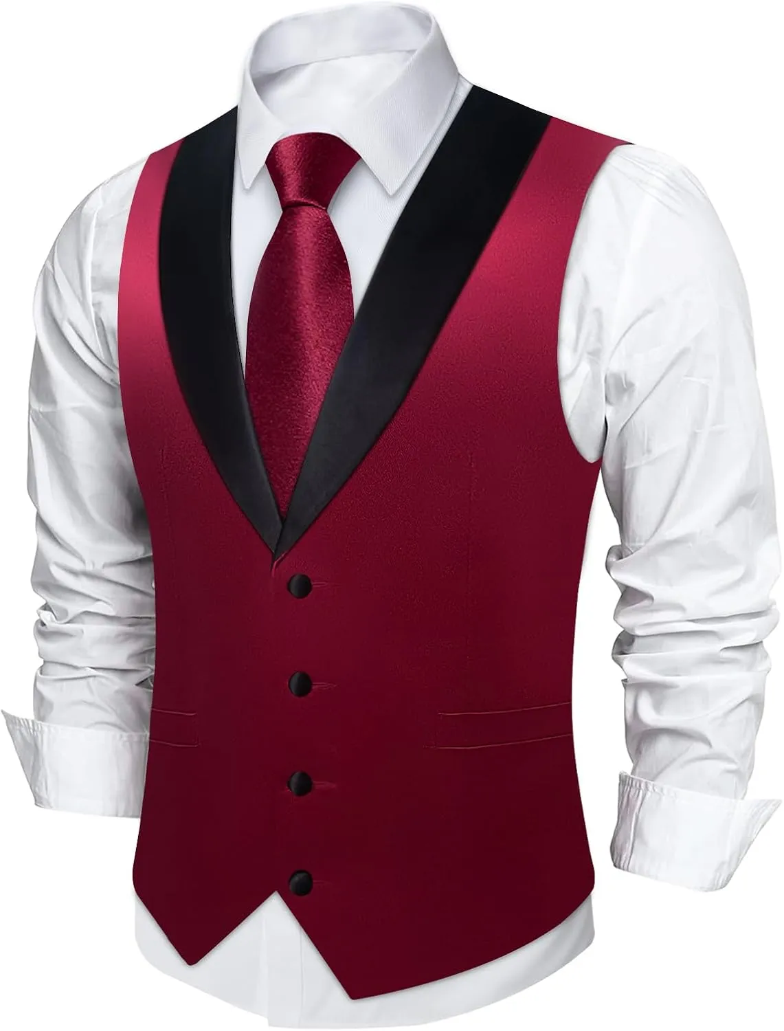 DiBanGu Mens Vest Formal Solid Color Waistcoat and Tie Pocket Square Set Satin Shawl Lapel Dress Vest Wedding Business