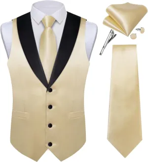 DiBanGu Mens Vest Formal Solid Color Waistcoat and Tie Pocket Square Set Satin Shawl Lapel Dress Vest Wedding Business