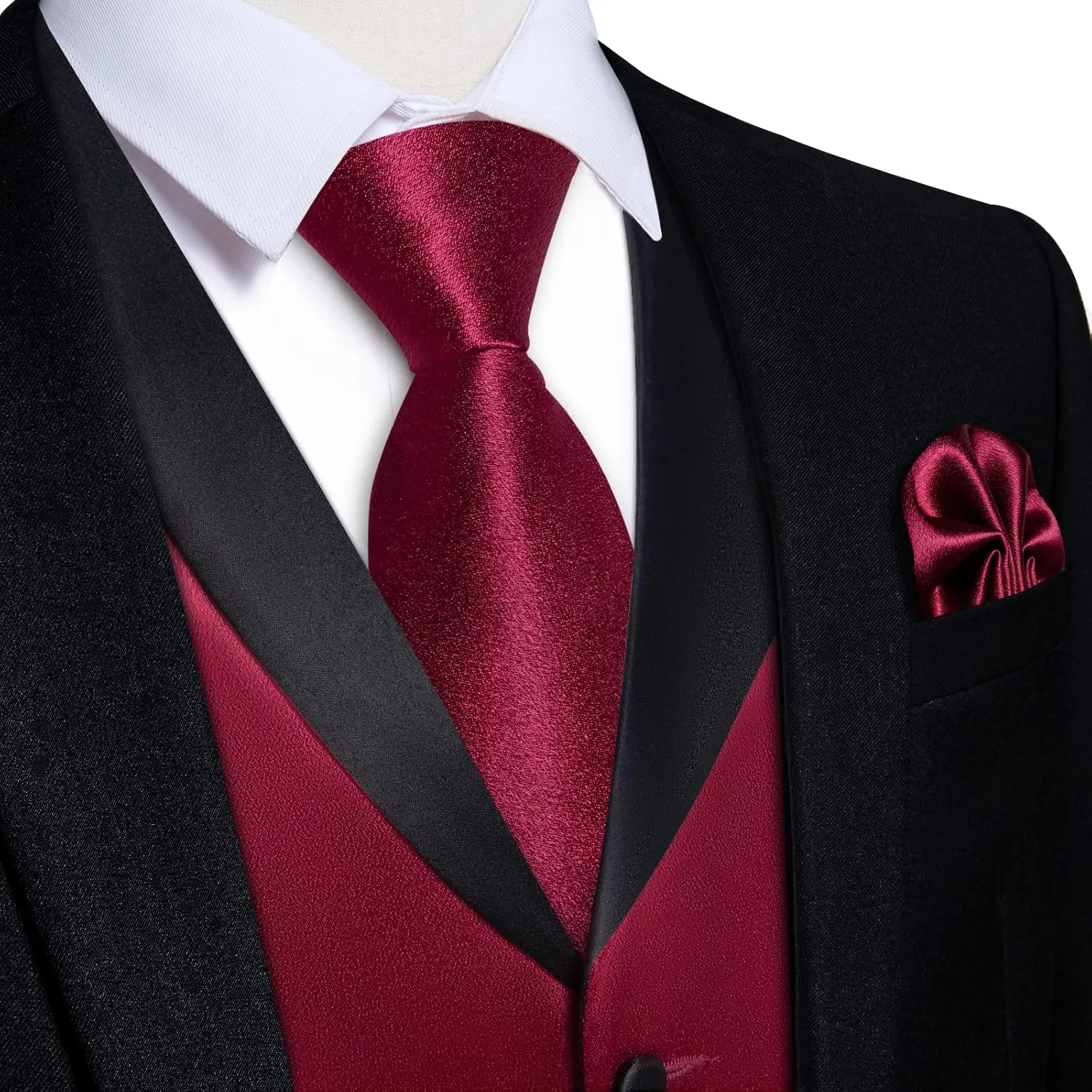 DiBanGu Mens Vest Formal Solid Color Waistcoat and Tie Pocket Square Set Satin Shawl Lapel Dress Vest Wedding Business