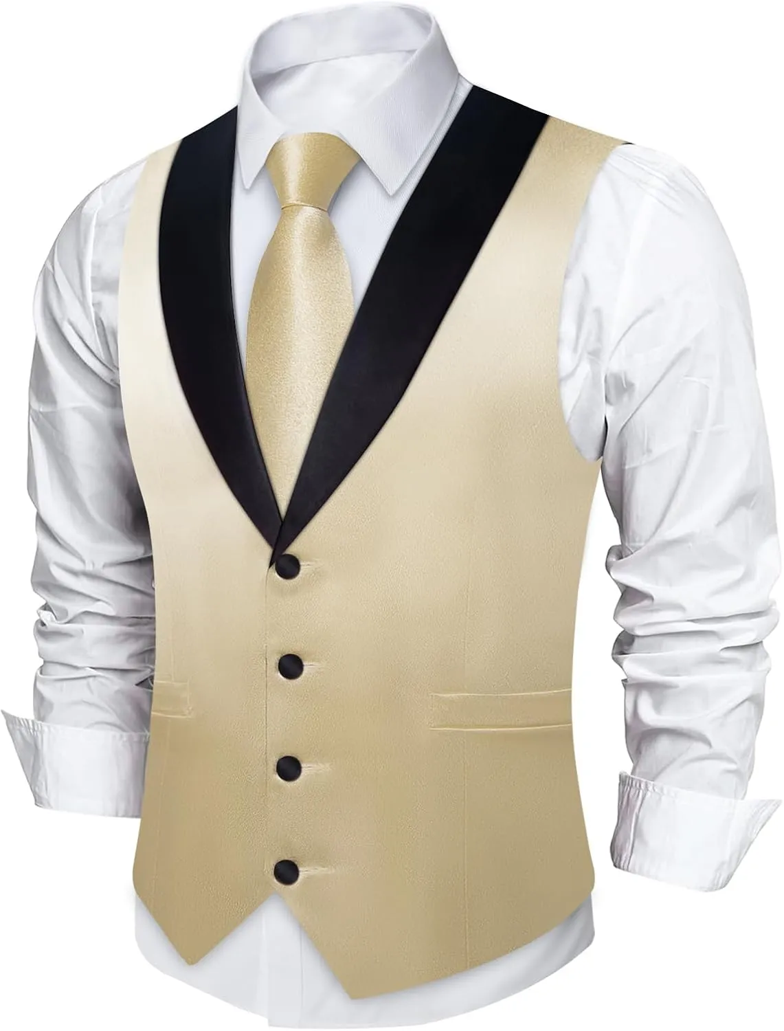 DiBanGu Mens Vest Formal Solid Color Waistcoat and Tie Pocket Square Set Satin Shawl Lapel Dress Vest Wedding Business