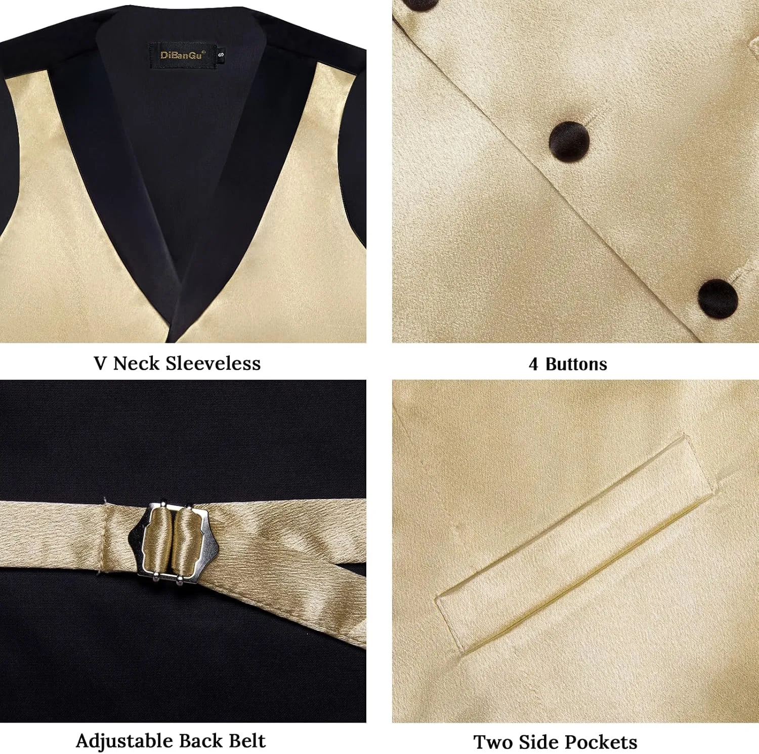 DiBanGu Mens Vest Formal Solid Color Waistcoat and Tie Pocket Square Set Satin Shawl Lapel Dress Vest Wedding Business