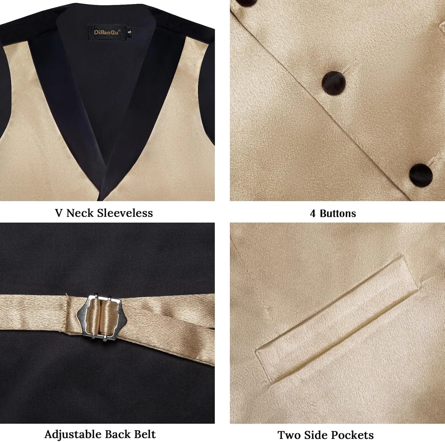 DiBanGu Mens Vest Formal Solid Color Waistcoat and Tie Pocket Square Set Satin Shawl Lapel Dress Vest Wedding Business
