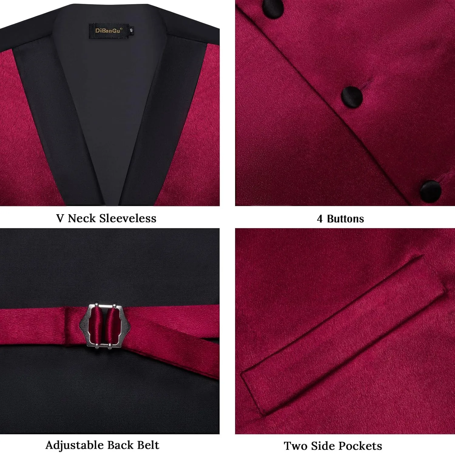DiBanGu Mens Vest Formal Solid Color Waistcoat and Tie Pocket Square Set Satin Shawl Lapel Dress Vest Wedding Business