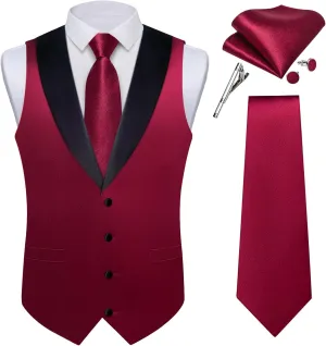 DiBanGu Mens Vest Formal Solid Color Waistcoat and Tie Pocket Square Set Satin Shawl Lapel Dress Vest Wedding Business