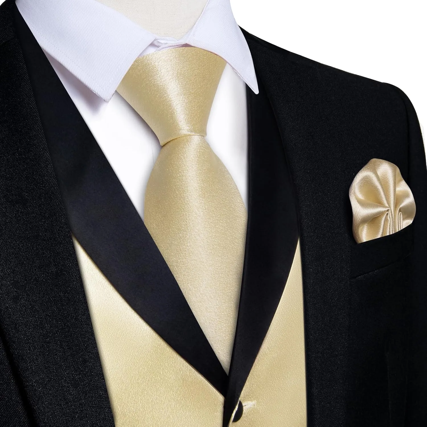 DiBanGu Mens Vest Formal Solid Color Waistcoat and Tie Pocket Square Set Satin Shawl Lapel Dress Vest Wedding Business