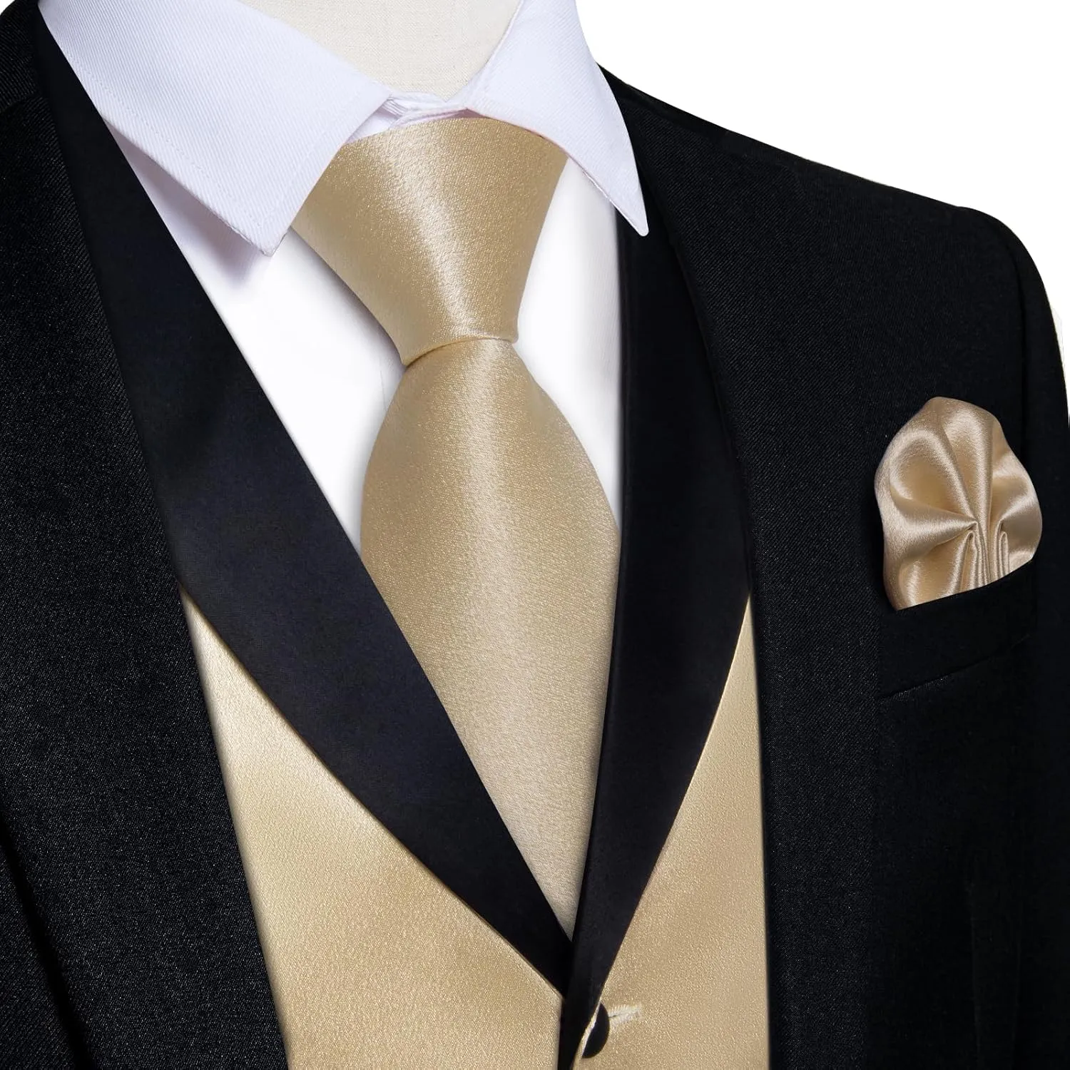 DiBanGu Mens Vest Formal Solid Color Waistcoat and Tie Pocket Square Set Satin Shawl Lapel Dress Vest Wedding Business