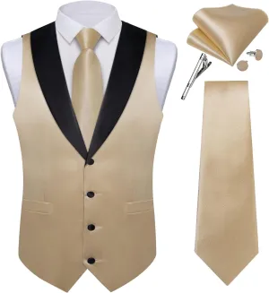 DiBanGu Mens Vest Formal Solid Color Waistcoat and Tie Pocket Square Set Satin Shawl Lapel Dress Vest Wedding Business
