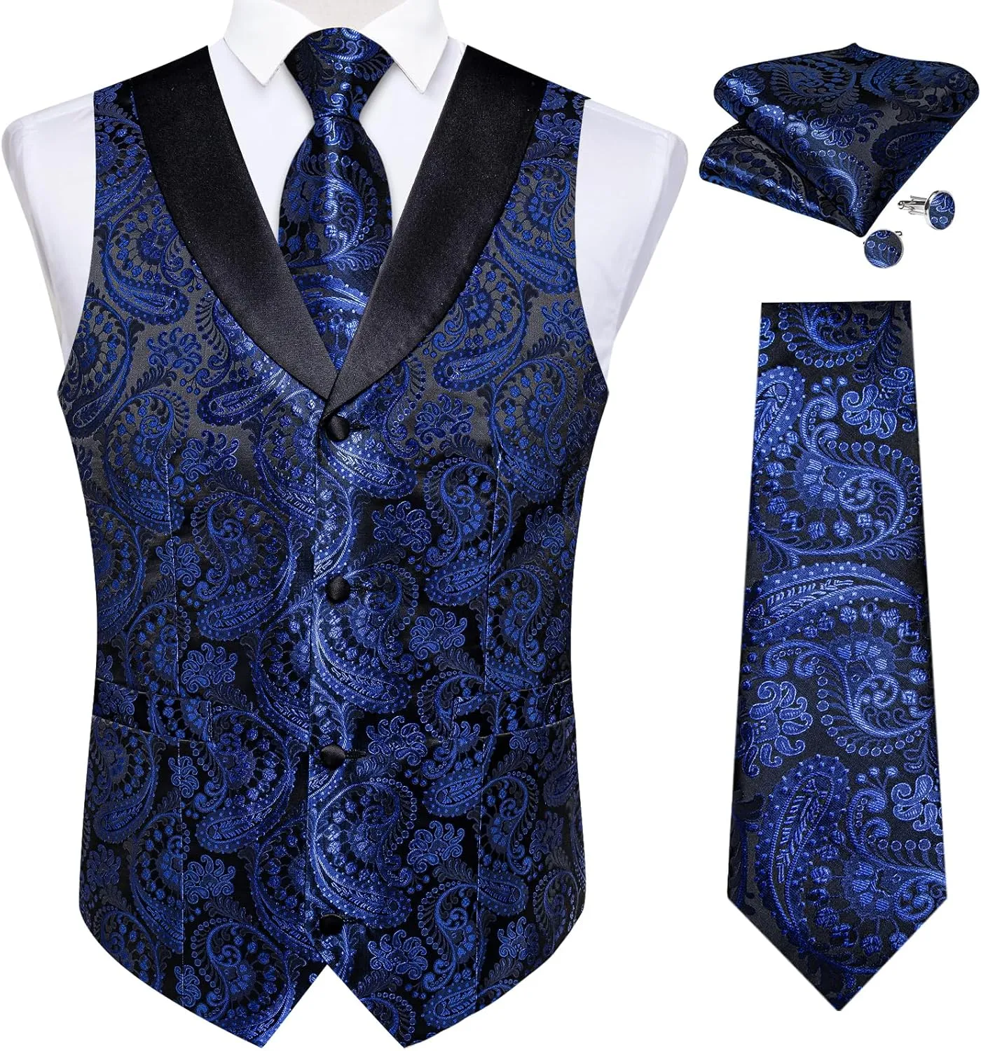 DiBanGu Silk Suit Vest for Men Shawl Collar Vest with Tie Set Bowtie Tie Clip Pocket Square Cufflinks Waistcoat