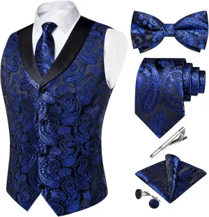 DiBanGu Silk Suit Vest for Men Shawl Collar Vest with Tie Set Bowtie Tie Clip Pocket Square Cufflinks Waistcoat
