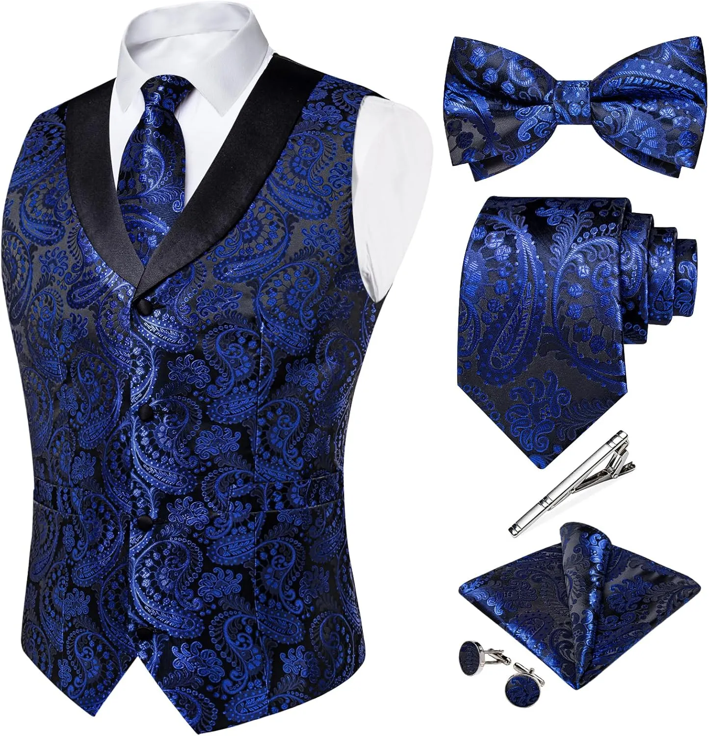 DiBanGu Silk Suit Vest for Men Shawl Collar Vest with Tie Set Bowtie Tie Clip Pocket Square Cufflinks Waistcoat