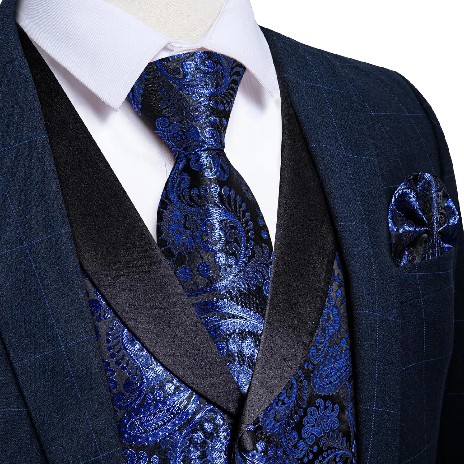 DiBanGu Silk Suit Vest for Men Shawl Collar Vest with Tie Set Bowtie Tie Clip Pocket Square Cufflinks Waistcoat