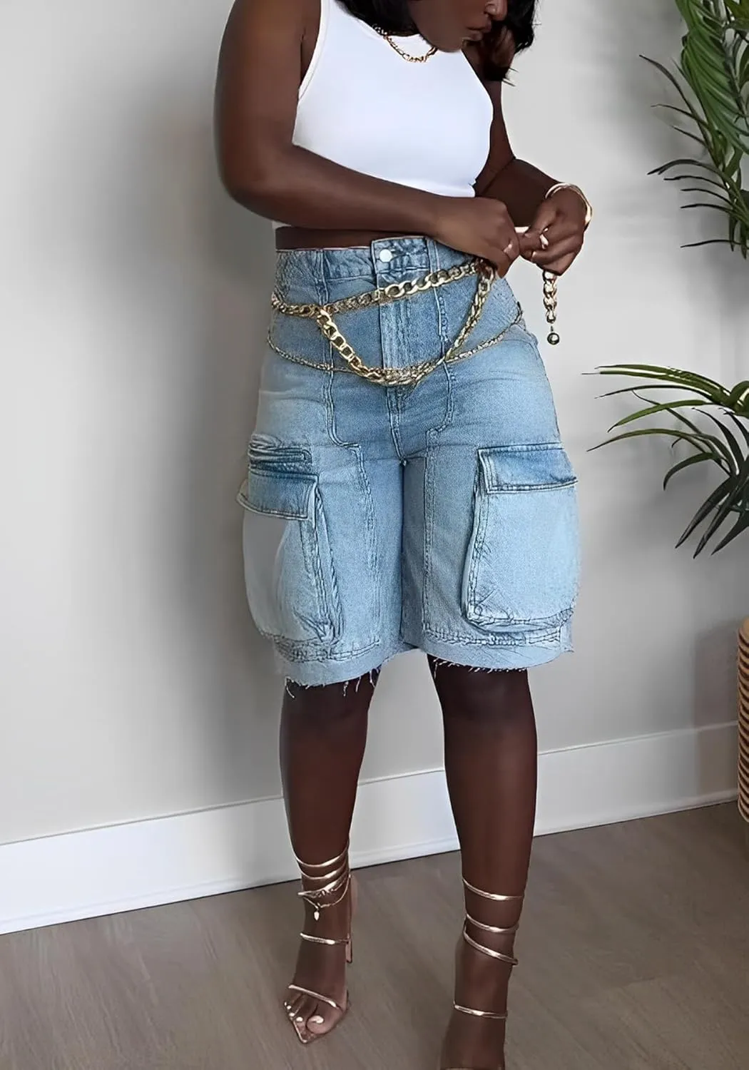 DINGANG Women's Cargo Jean Shorts High Waisted Knee Length Stretchy Bermuda Denim Shorts Flap Pockets