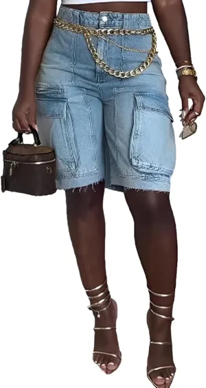 DINGANG Women's Cargo Jean Shorts High Waisted Knee Length Stretchy Bermuda Denim Shorts Flap Pockets