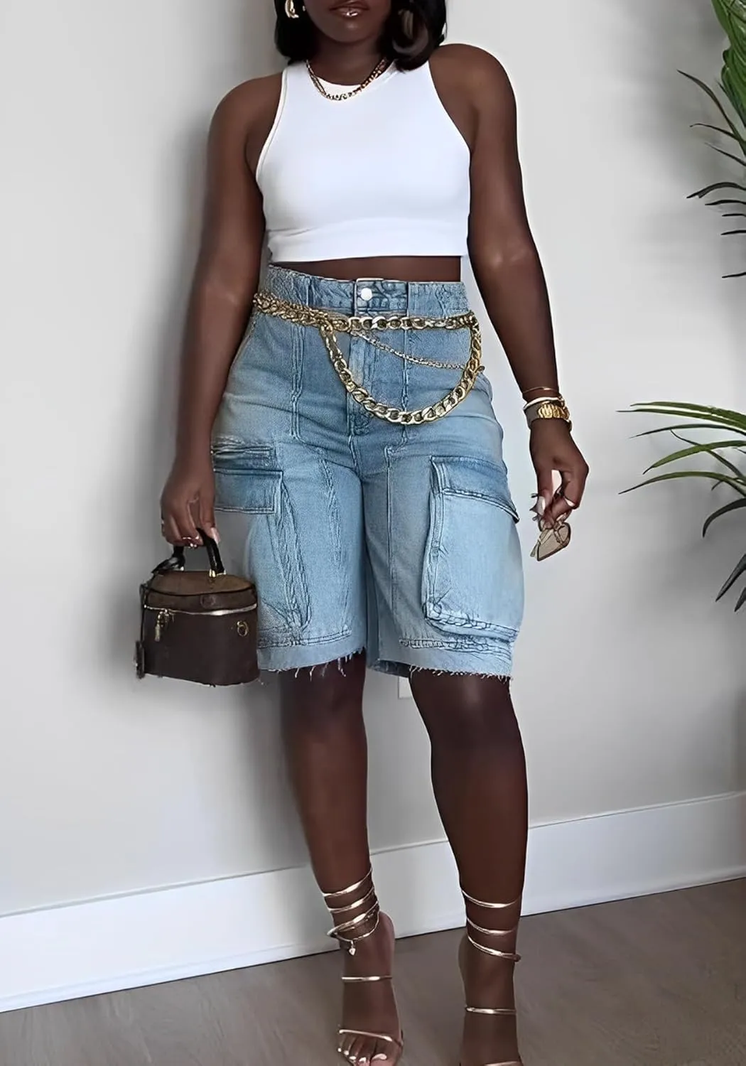 DINGANG Women's Cargo Jean Shorts High Waisted Knee Length Stretchy Bermuda Denim Shorts Flap Pockets