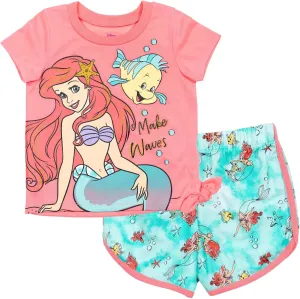 Disney Frozen Moana Princess Tiana Floral Peplum T-Shirt and French Terry Shorts Outfit Set Toddler to Big Kid