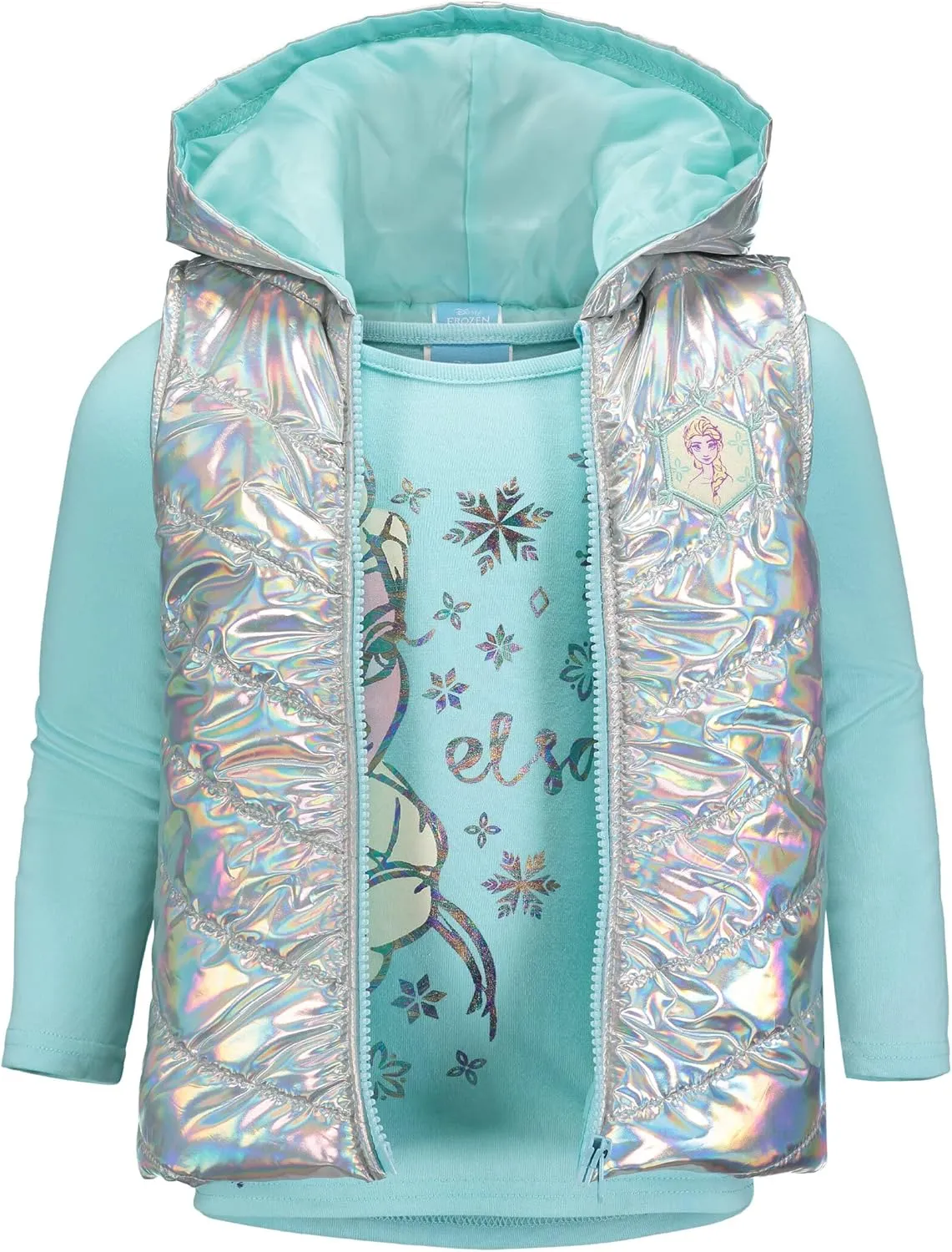 Disney Frozen Princess Anna Queen Elsa Girls Zip Up Vest Puffer T-Shirt and Leggings 3 Piece Set Toddler to Big Kid