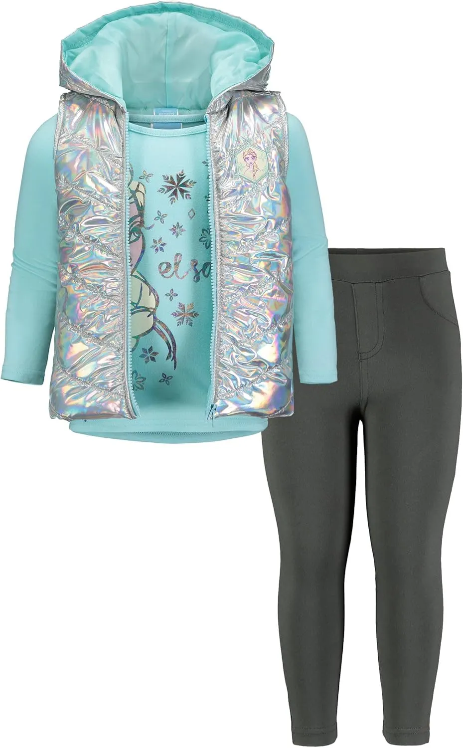 Disney Frozen Princess Anna Queen Elsa Girls Zip Up Vest Puffer T-Shirt and Leggings 3 Piece Set Toddler to Big Kid