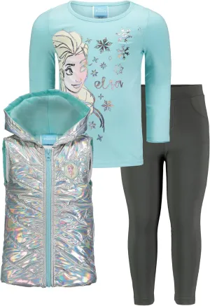Disney Frozen Princess Anna Queen Elsa Girls Zip Up Vest Puffer T-Shirt and Leggings 3 Piece Set Toddler to Big Kid