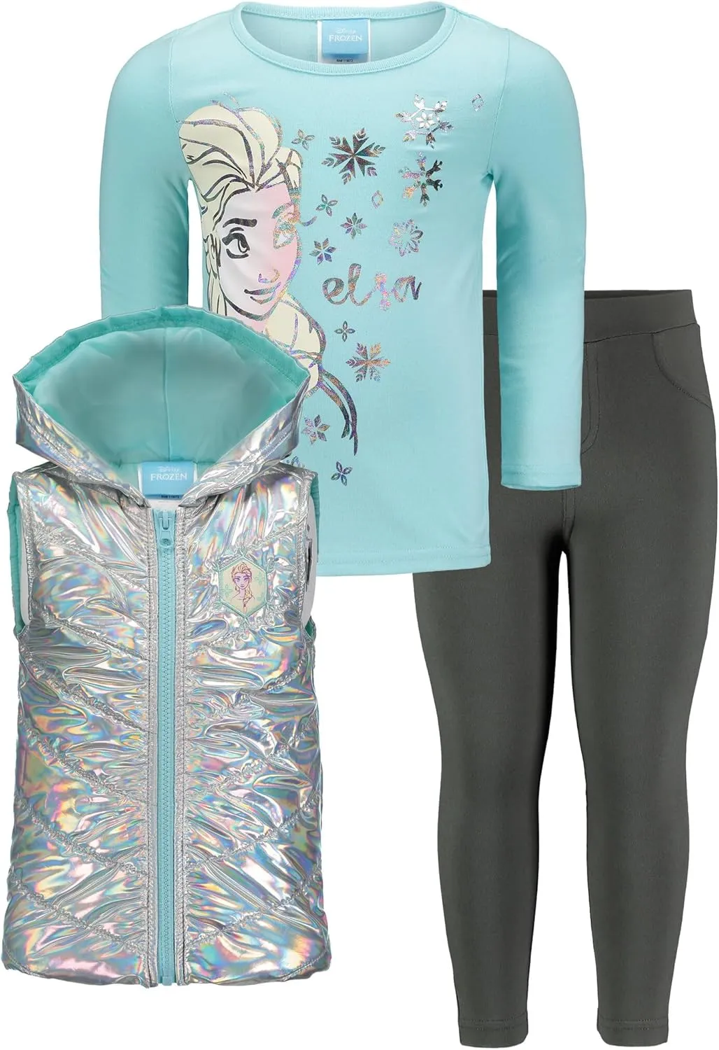 Disney Frozen Princess Anna Queen Elsa Girls Zip Up Vest Puffer T-Shirt and Leggings 3 Piece Set Toddler to Big Kid