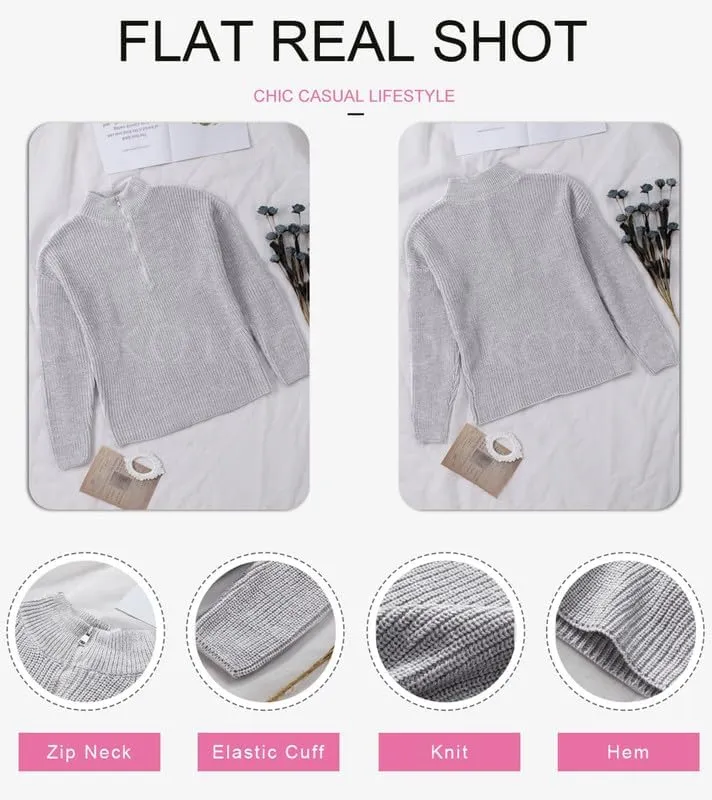 Dokotoo Womens Sweaters Long Sleeve 1/4 Zip Pullover Polo V Neck Dressy Casual Tops
