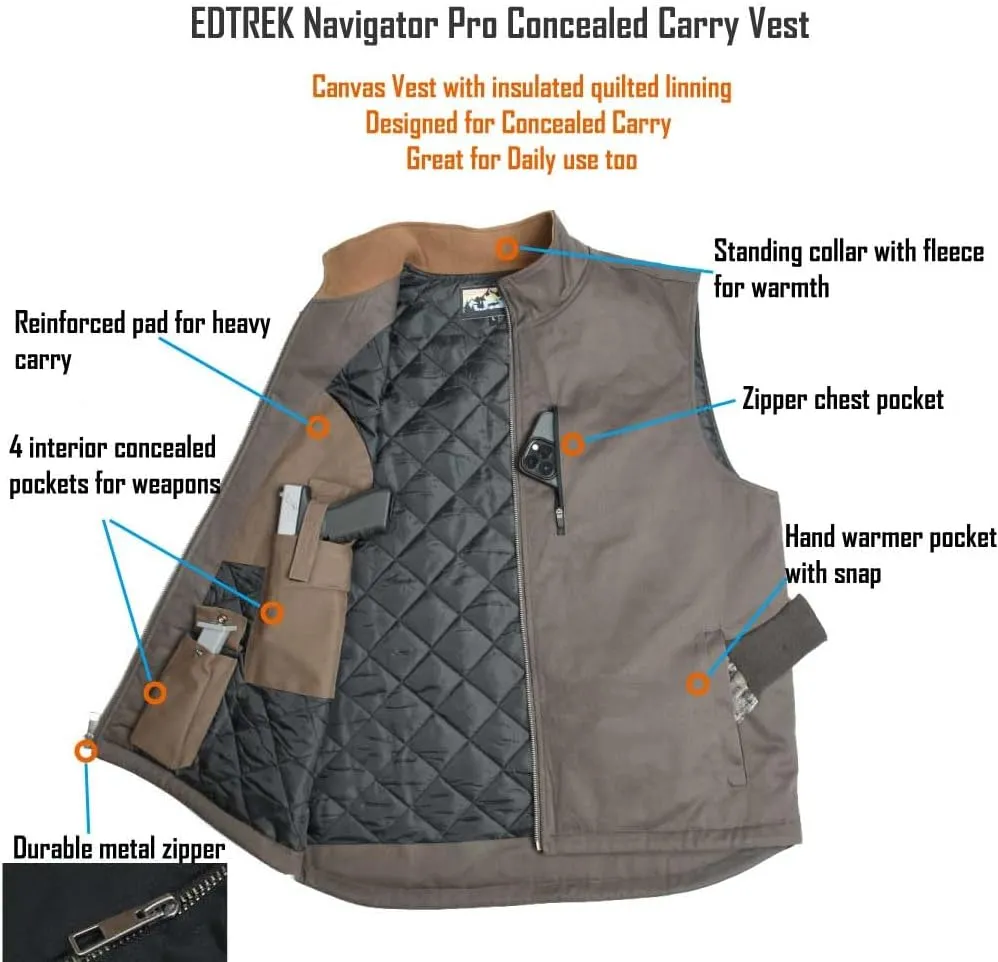 EDTREK Men's Concealed Carry Vest With Two Holster Inside - Urban Gun Vest With Zipped Chest Pocket