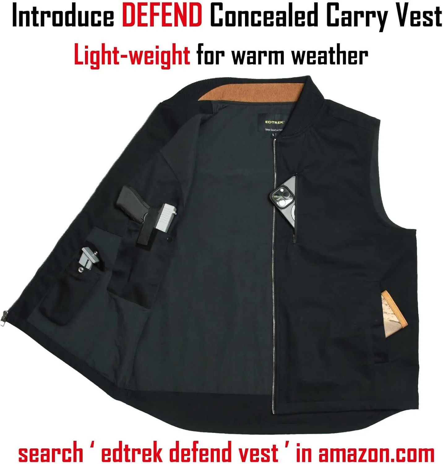 EDTREK Men's Concealed Carry Vest With Two Holster Inside - Urban Gun Vest With Zipped Chest Pocket
