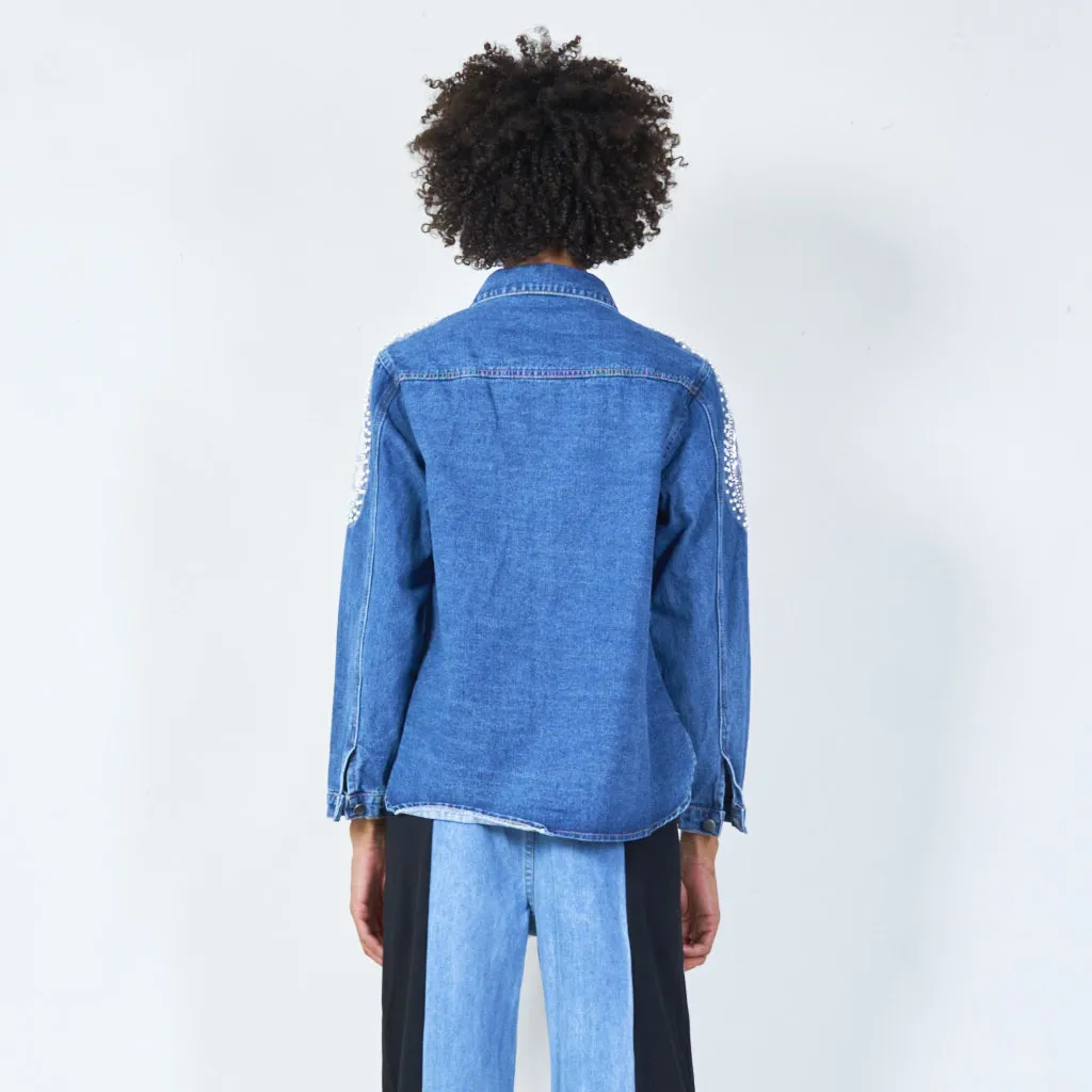 Embellished denim jacket with pearl detailing wholesale