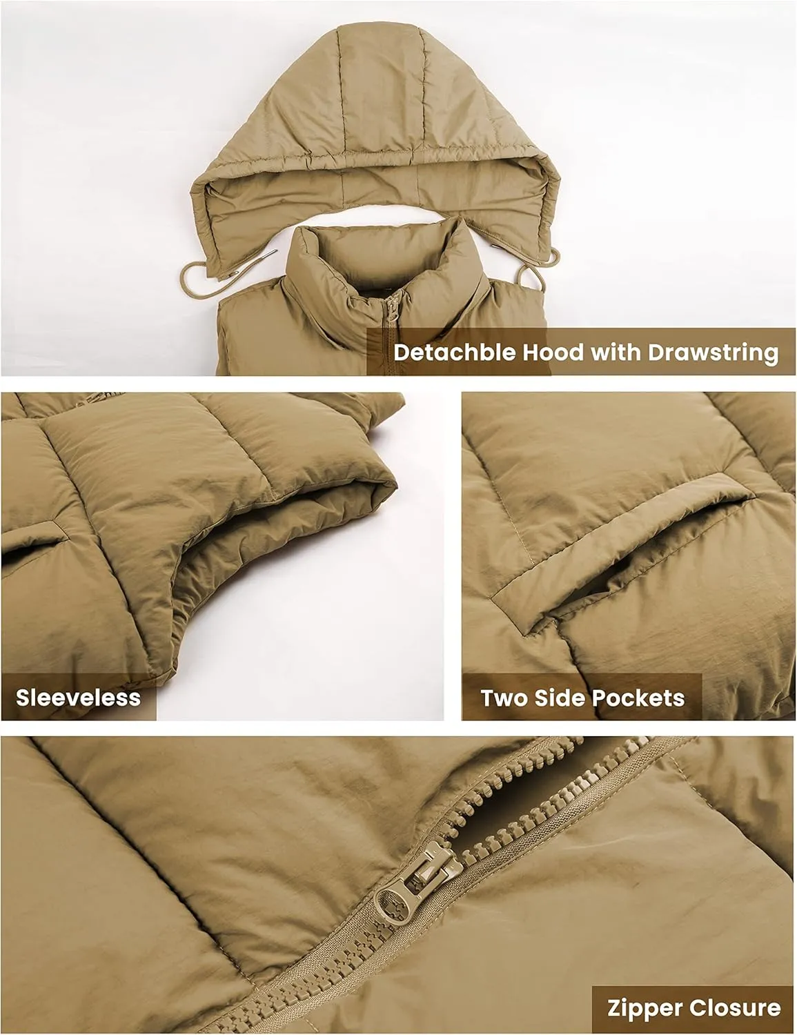 EsheSy Women's Puffer Vest with Removable Hood Sleeveless Full Zip Quilted Down Jacket