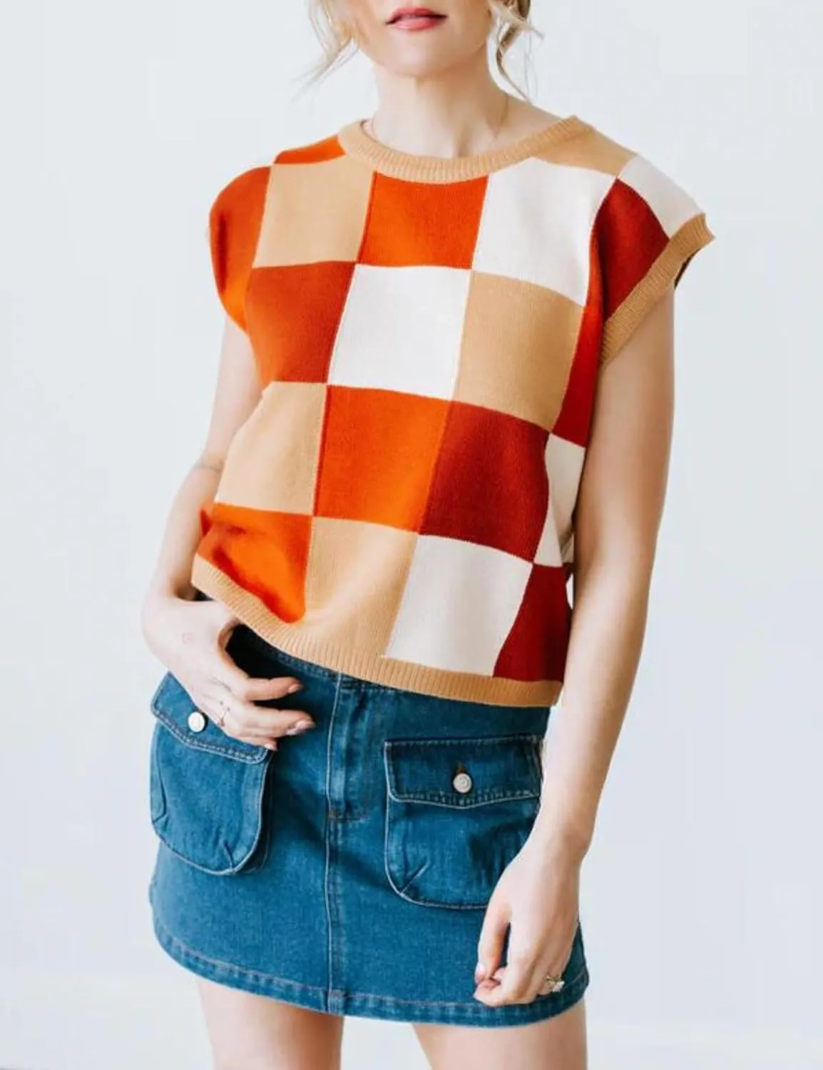 Esmeling Womens Crew Neck Cap Sleeve Sweater Vest Trendy Checkered Knitted Pullover Tank Tops